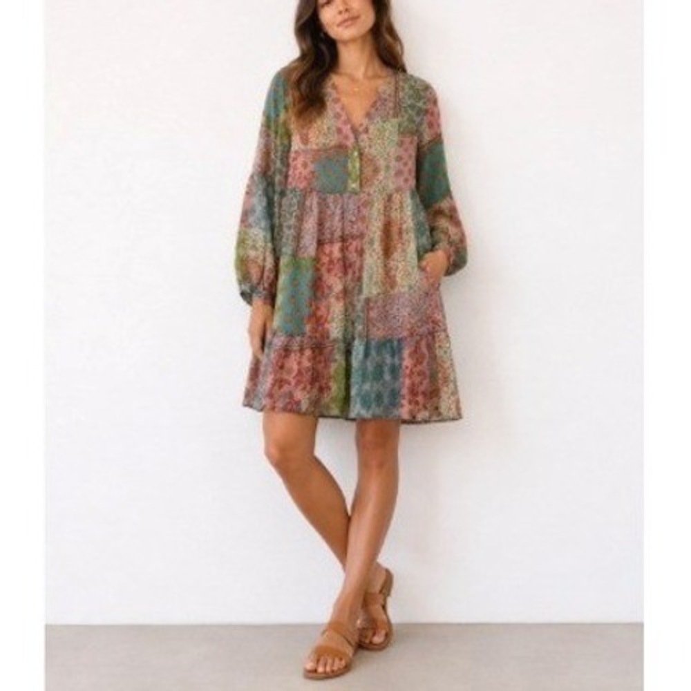 Zara Patchwork Chiffon Boho Dress S | Festival Cottagecore Mini Dress